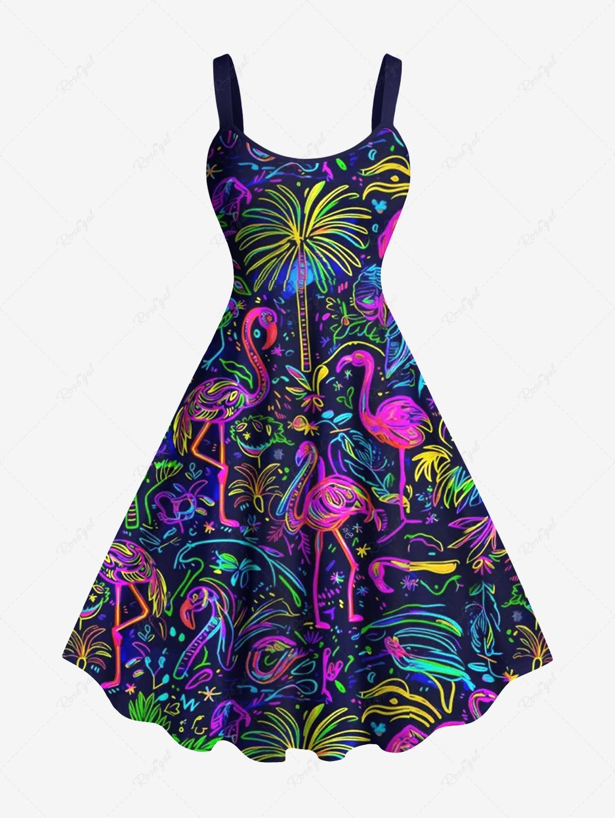 Outfits Plus Size Colorful Flamingo Coconut Tree Print Hawaii Tank Dress  