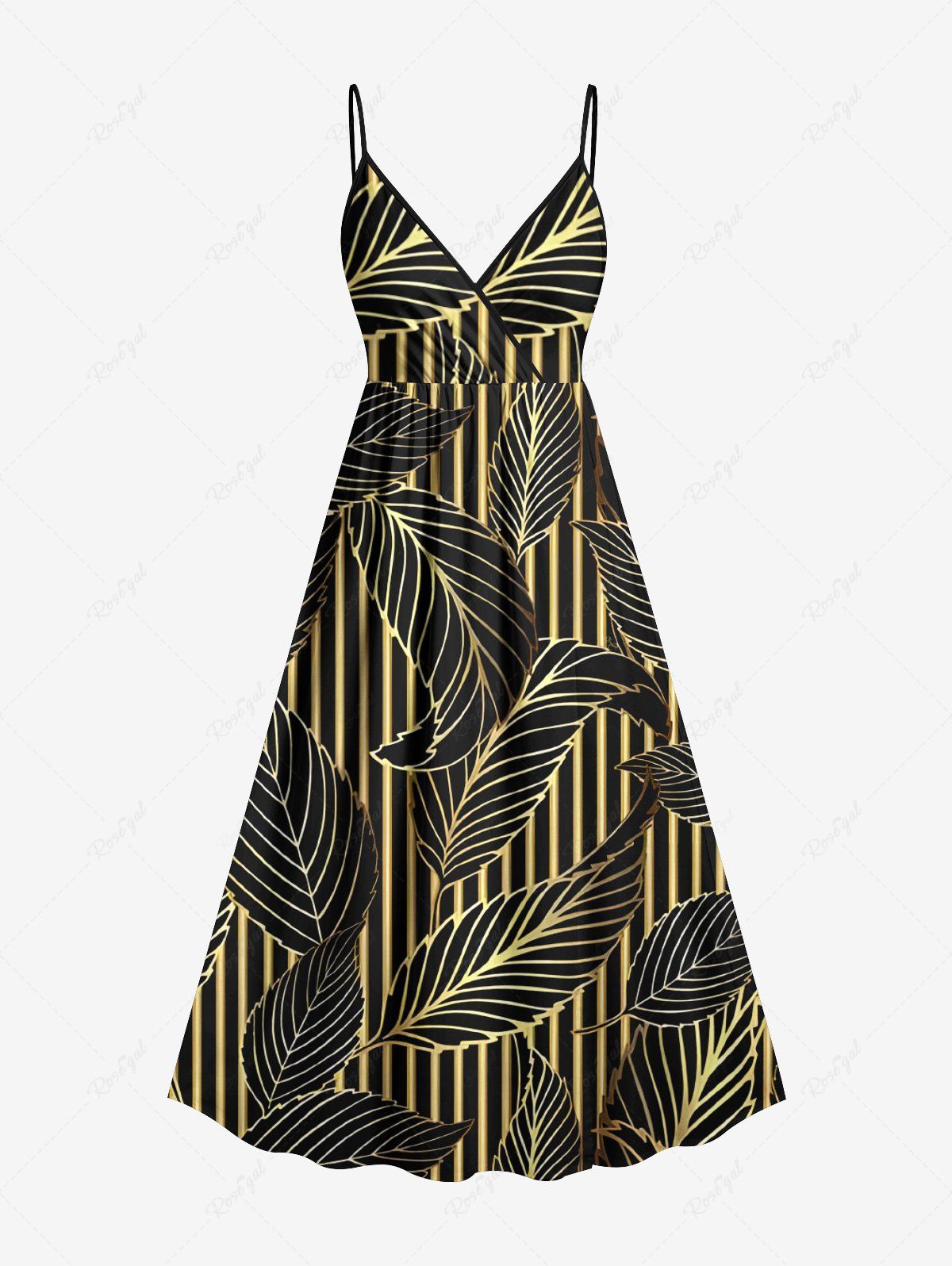 Best Plus Size Metallic Leaf Stripes Print Surplice Hawaii Cami Dress  