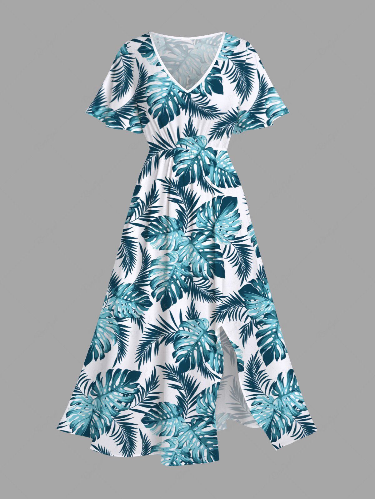 Robe Cache-Coeur Mi-longue à Imprimé Feuille Tropicale Grande Taille Bleu 6X