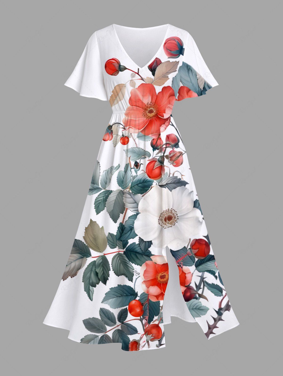 Robe Mi-Longue Hawaïen Fendue Fleur et Feuille Imprimées de Grande Taille Blanc 6X