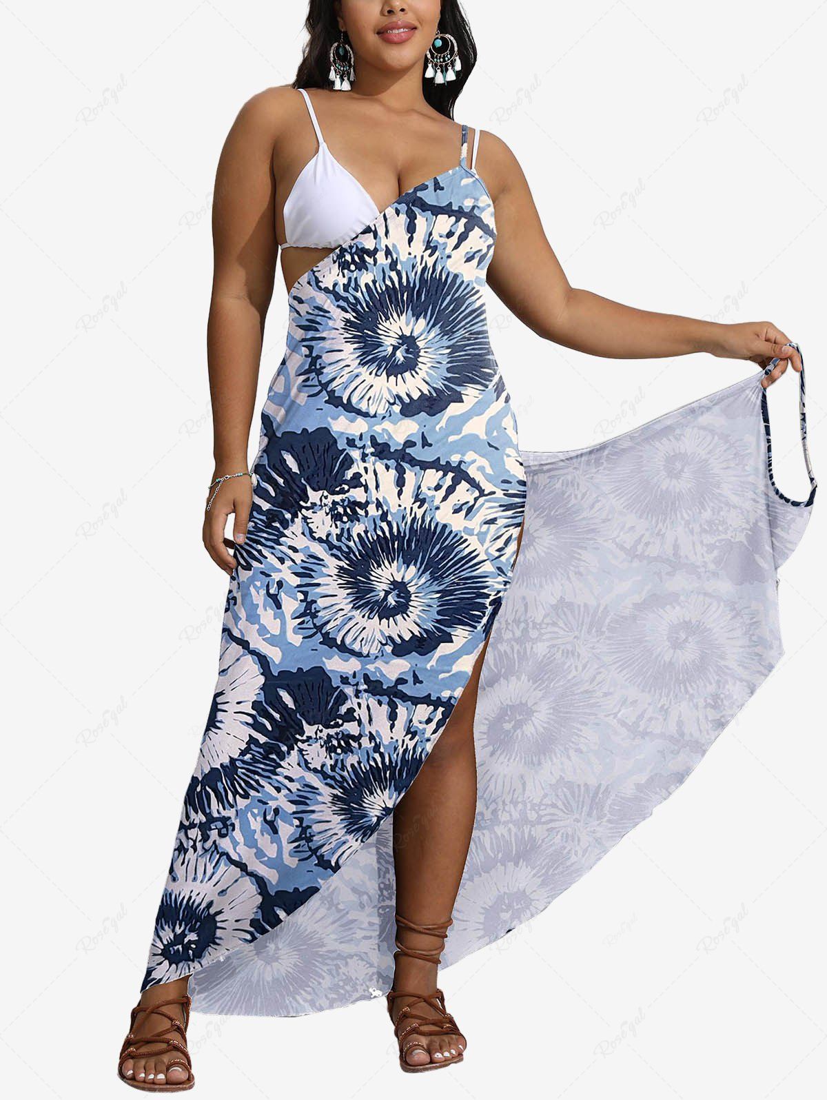 Fashion Plus Size Spiral Tie Dye Print Convertible Asymmetric Beach Cover Up  
