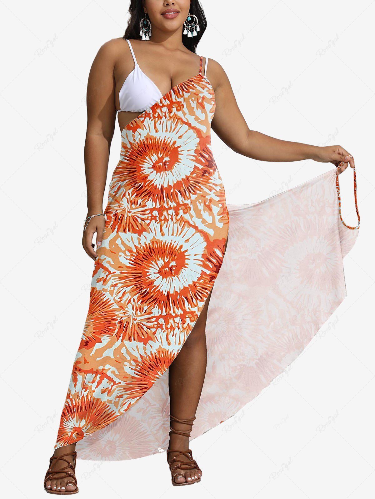 Robe Couverture de Plage Asymétrique Convertible Teintée Imprimée de Grande Taille Orange 4XL