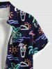 Plus Size Coconut Tree Flamigo Sun Sea Waves Juice Neon Print Buttons Pocket Hawaii Shirt For Men -  