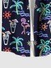 Plus Size Coconut Tree Flamigo Sun Sea Waves Juice Neon Print Buttons Pocket Hawaii Shirt For Men -  