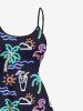 Plus Size Coconut Tree Flamigo Sun Sea Waves Juice Neon Print High Low Hawaii Cami Dress -  