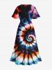 Plus Size Colorful Spiral Tie Dye Print Hawaii Split Pocket A Line Midi Dress -  