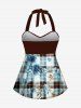 Haut de Tankini Tordu Fleuri Feuille Imprimée à Carreaux sans Dos à Col Halter - Bleu 6X