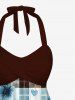 Haut de Tankini Tordu Fleuri Feuille Imprimée à Carreaux sans Dos à Col Halter - Bleu 6X