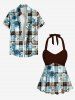 Haut de Tankini Tordu Fleuri Feuille Imprimée à Carreaux sans Dos à Col Halter - Bleu 6X