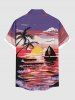 Plus Size Coconut Tree Seascape Sun Boat Colorful Cloud Print Buttons Pocket Hawaii Shirt For Men -  