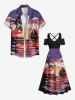 Plus Size Coconut Tree Seascape Sun Boat Colorful Cloud Print Cold Shoulder Crisscross Hawaii Maxi Dress -  