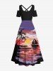 Plus Size Coconut Tree Seascape Sun Boat Colorful Cloud Print Cold Shoulder Crisscross Hawaii Maxi Dress -  