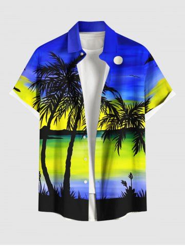 Plus Size Coconut Tree Seascape Colorblock Sky Print Buttons Pocket Hawaii Shirt For Men