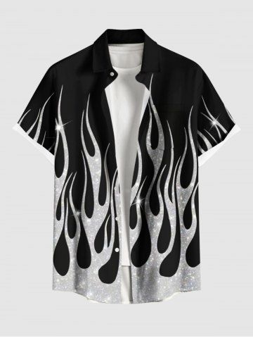 Plus Size Glitter Sequins Fire Flame Print Hawaii Button Pocket Shirt For Men