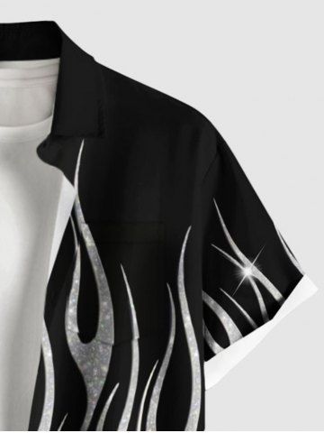 Plus Size Glitter Sequins Fire Flame Print Hawaii Button Pocket Shirt For Men