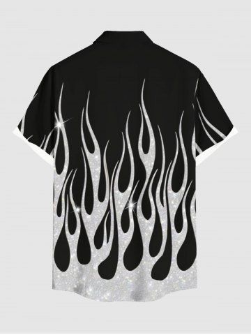 Plus Size Glitter Sequins Fire Flame Print Hawaii Button Pocket Shirt For Men