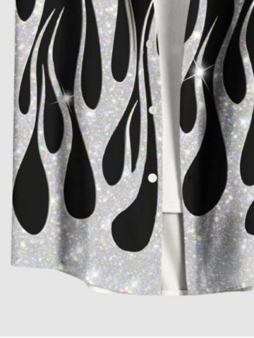 Plus Size Glitter Sequins Fire Flame Print Hawaii Button Pocket Shirt For Men