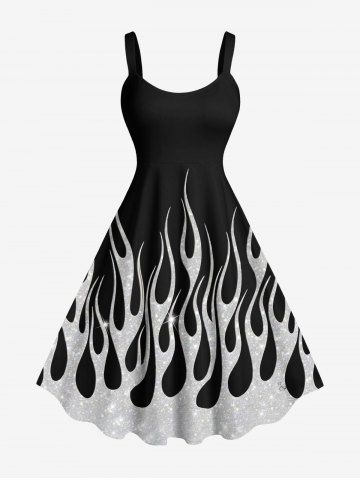 Plus Size Glitter Sequins Fire Flame Print Hawaii A Line Tank Dress - BLACK - XS