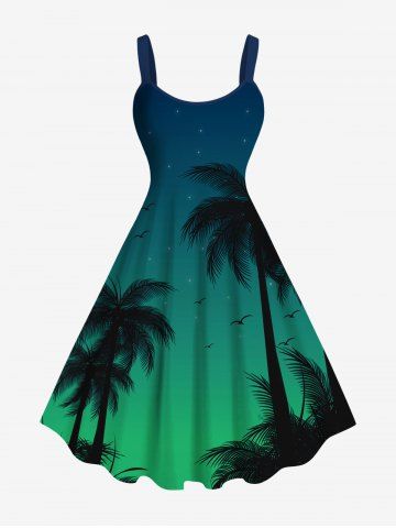 Plus Size Coconut Tree Ombre Galaxy Print Hawaii A Line Tank Dress