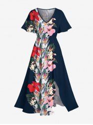Plus Size Flowers Leaf Print Split Hawaii Midi Dress -  