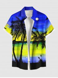 Plus Size Coconut Tree Seascape Colorblock Sky Print Buttons Pocket Hawaii Shirt For Men -  