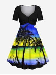 Plus Size Coconut Tree Seascape Colorblock Sky Print Cinched Hawaii Dress -  