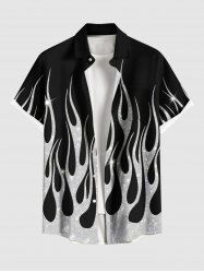 Plus Size Glitter Sequins Fire Flame Print Hawaii Button Pocket Shirt For Men -  