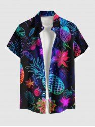 Plus Size Tropical Leaf Hibiscus Flower Pineapple Strawberry Print Buttons Pocket Hawaii Shirt For Men -  