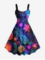 Robe D'Entraînement Cerise Fleur et Feuille Tropicale Imprimées de Grande Taille - Noir 2X