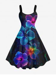 Robe Débardeur Hawaïen Fleur D'Hibiscus Colorée Imprimée de Grande Taille - Noir XS