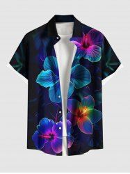 Plus Size Colorful Tropical Hibiscus Flowers Print Buttons Pocket Hawaii Shirt For Men -  