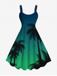 Robe Ligne A Ombre Galaxie et Arbre Noix de Coco Imprimés de Grande Taille - Vert profond S