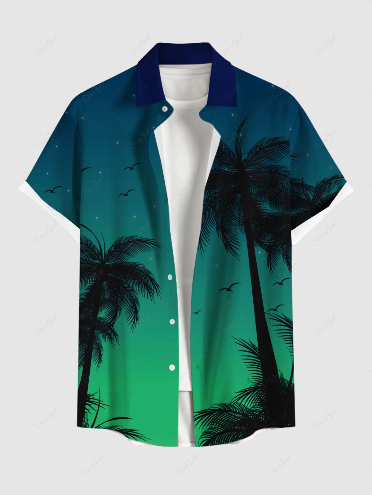 Fashion Plus Size Coconut Tree Ombre Galaxy Print Hawaii Button Pocket Shirt For Men  