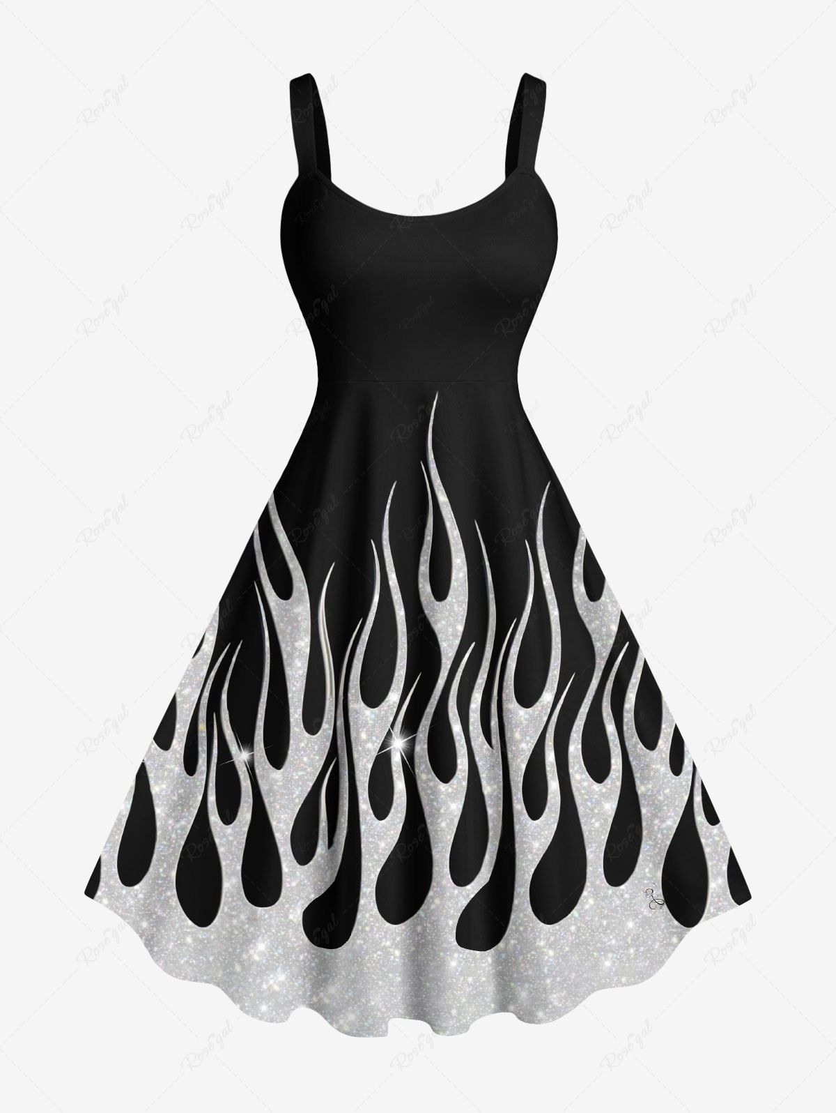 Chic Plus Size Glitter Sequins Fire Flame Print Hawaii A Line Tank Dress  