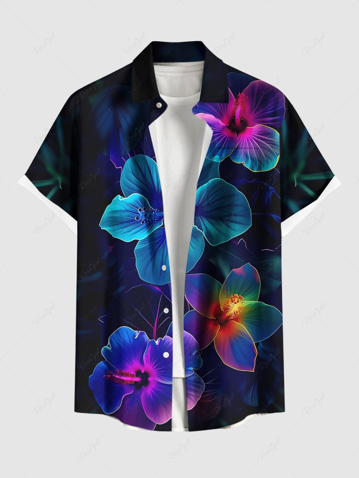 Chic Plus Size Colorful Tropical Hibiscus Flowers Print Buttons Pocket Hawaii Shirt For Men  