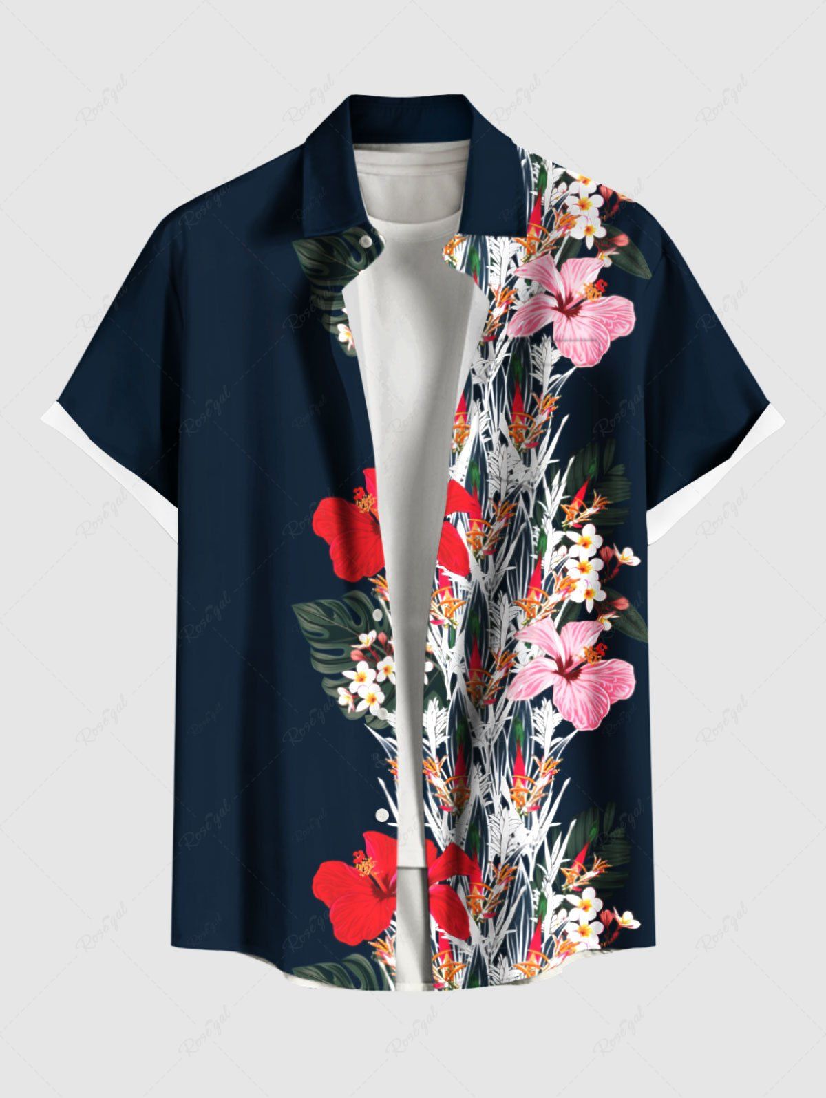 Unique Plus Size Flowers Leaf Print Buttons Pocket Hawaii Shirt For Men  