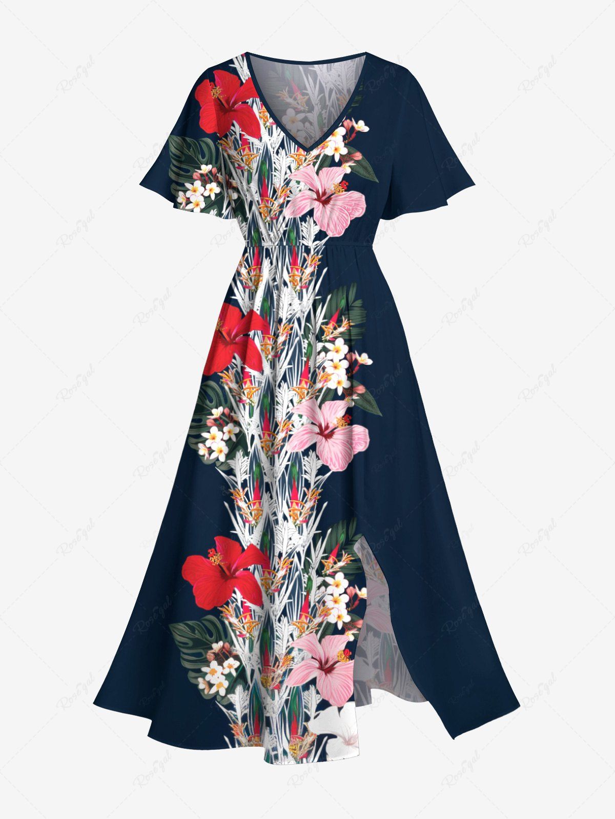 Buy Plus Size Flowers Leaf Print Split Hawaii Midi Dress  