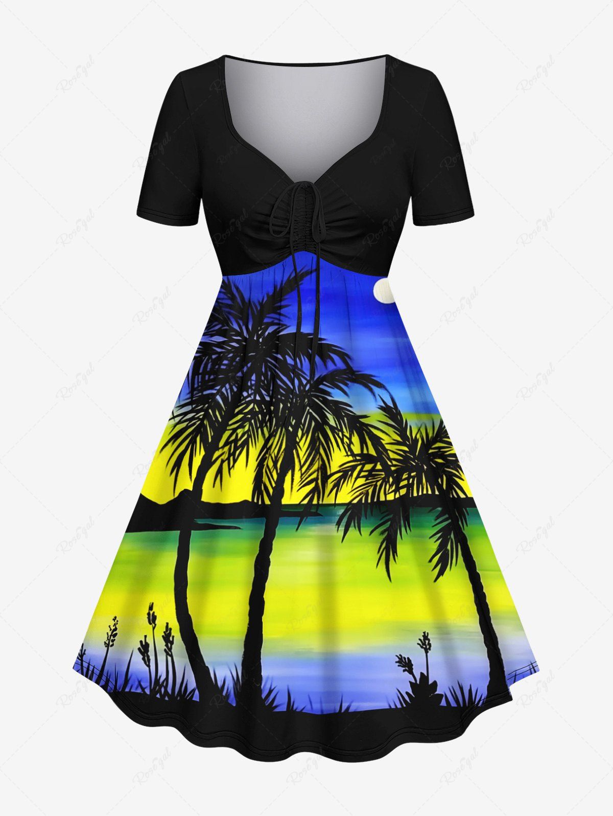 Robe Hawaiien Cocotier Imprimé en Blocs de Couleurs de Grande Taille Bleu 6X