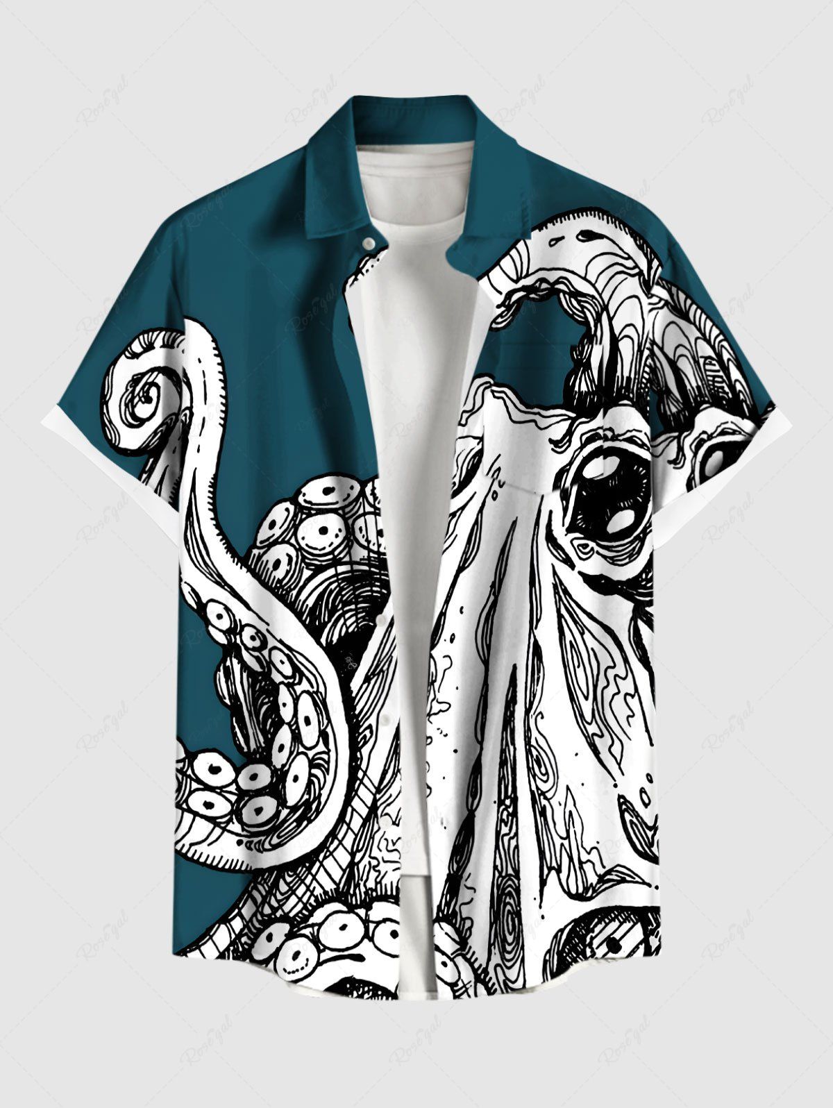 Affordable Plus Size Octopus Print Buttons Pocket Hawaii Shirt For Men  