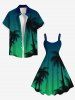 Robe Ligne A Ombre Galaxie et Arbre Noix de Coco Imprimés de Grande Taille - Vert profond S