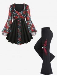 Rose Flower Leaf Print Lace Up Full Zipper Patchwork Top and Mesh Flockinig Ribbed Pocket Flare Pants Plus Size Outfit -  