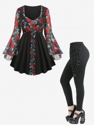 Rose Flower Leaf Print Mesh Lace Up Full Zipper Patchwork Top and D-Ring Heart Buckle Skinny Leggings Plus Size Outfit -  
