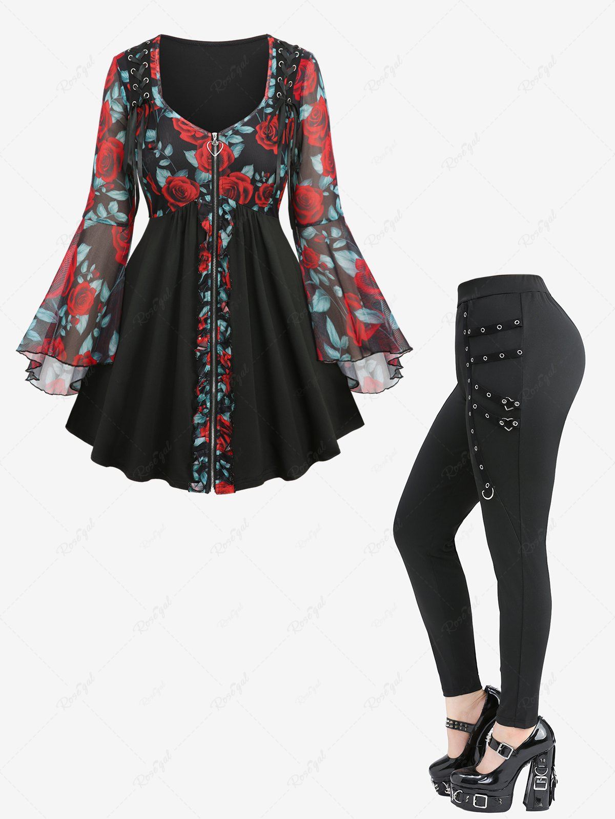 Buy Rose Flower Leaf Print Mesh Lace Up Full Zipper Patchwork Top and D-Ring Heart Buckle Skinny Leggings Plus Size Outfit  