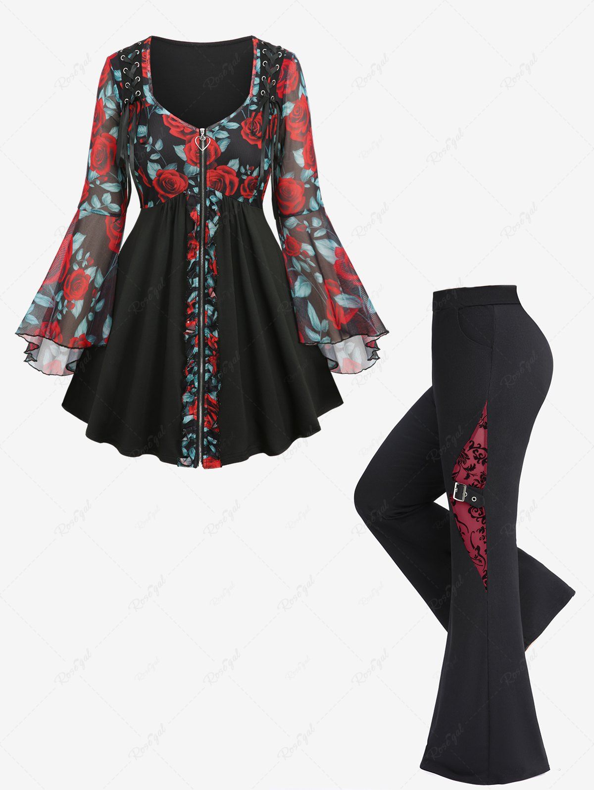 Fashion Rose Flower Leaf Print Lace Up Full Zipper Patchwork Top and Mesh Flockinig Ribbed Pocket Flare Pants Plus Size Outfit  