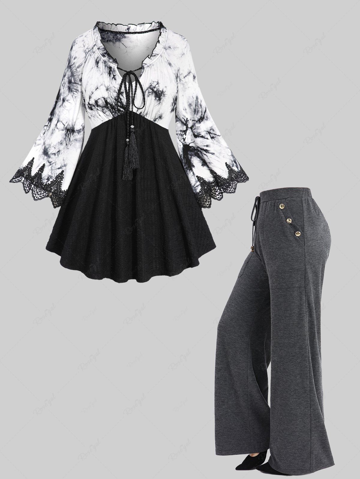 Latest Ink Tie Dye Crochet Applique Tied Tassel Patchwork Top and Pocket Drawstring Marled Wide Leg Pants Plus Size Outfit  