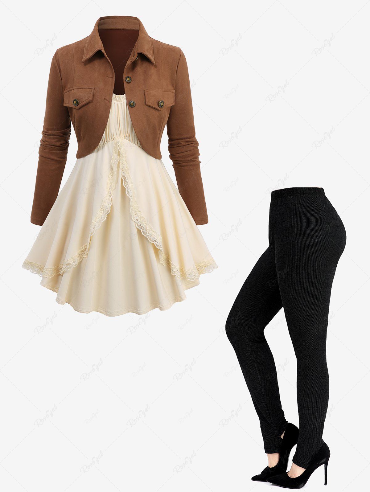 Hot Ruched Bust Ruffles Solid Cami Top and Button Cropped Top Set and Ribbed Stirrup Leggings Plus Size Outfit  