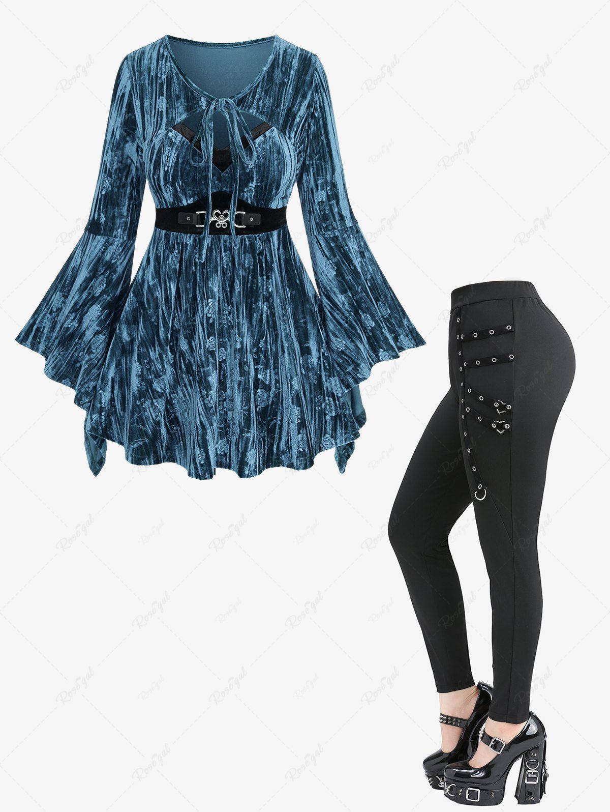Haut Moulant Noué Découpé Panneau en Faux Cuir et Anneau en D Grande Taille Bleu profond 
