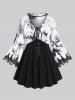 Ink Tie Dye Crochet Applique Tied Tassel Patchwork Top and Pocket Drawstring Marled Wide Leg Pants Plus Size Outfit -  