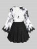 Ink Tie Dye Crochet Applique Tied Tassel Patchwork Top and Pocket Drawstring Marled Wide Leg Pants Plus Size Outfit -  