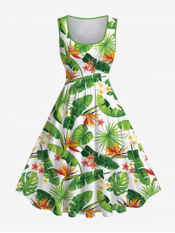 Plus Size Tropical Leaf Flower Print Hawaii 1950s Vintage Dress - GREEN - L
